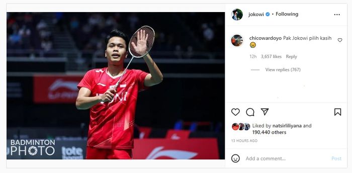 Unggahan Instagram Joko Widodo yang dikomentari Chico Aura Dwi Wardoyo