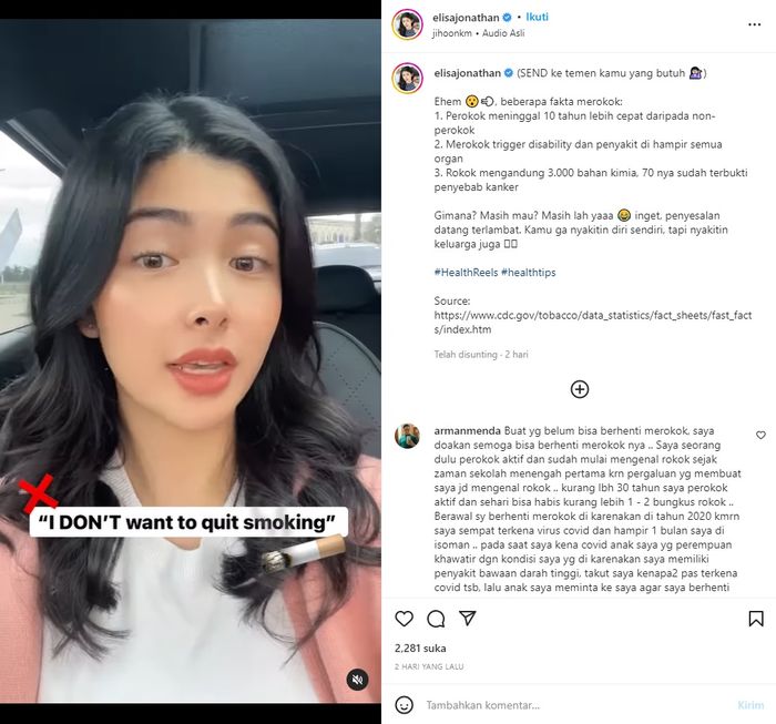 Unggahan Elisa Jonathan, mantan kekasih Niholas Sean.