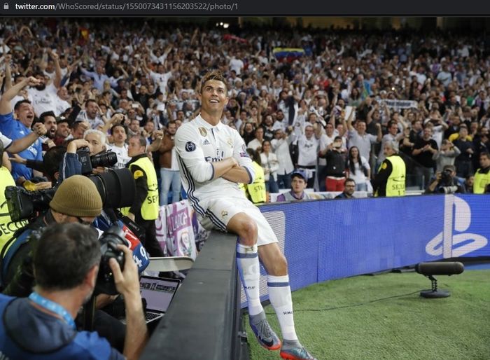 Pose Cristiano Ronaldo usai membobol gawang Atletico Madrid kala Real Madrid bertemu di Liga Champions.