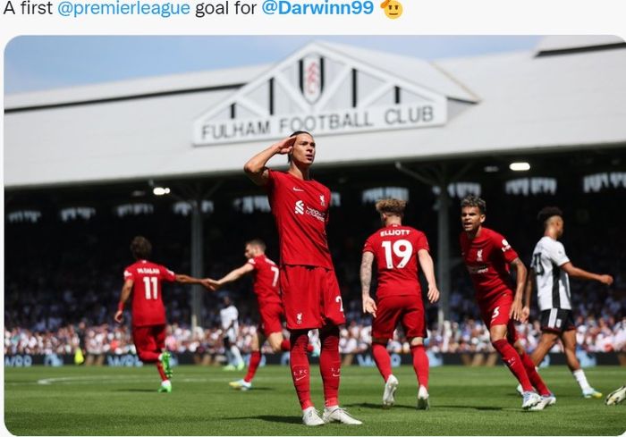 Darwin Nunez merayakan golnya yang dicetak saat Liverpool berhadapan dengan Fulham di Liga Inggris 2022-2023 pada Sabtu (7/8/2022) malam WIB.