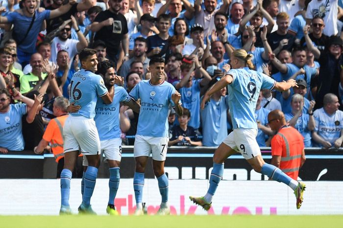 Ilkay Guendogan merayakan gol dalam laga pekan kedua Liga Inggris, Manchester City vs Bournemouth, di Stadion Etihad, Sabtu (13/8/2022).