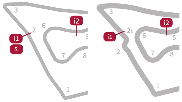 Perubahan desain lintasan Red Bull Ring untuk MotoGP. Gambar di sisi kiri adalah layout versi grand prix yang dipakai sampai 2021 sementara sisi kanan adalah layout baru khusus balap motor yang dipakai mulai 2022.
