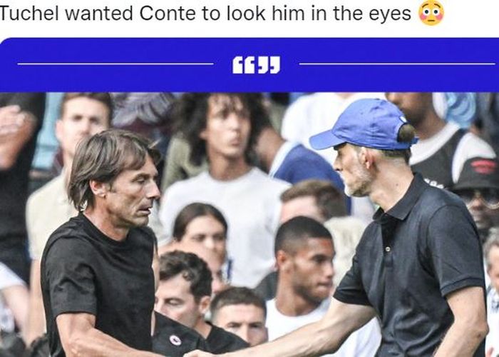 Momen jabat tangan Antonio Conte dengan Thomas Tuchel yang berujung keributan seusai laga Liga Inggris, Chelsea vs Tottenham Hotspur, di Stadion Stamford Bridge, Minggu (14/8/2022).