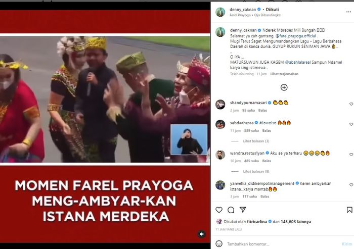 Unggahan Denny Caknan mengenai Farel Prayoga yang sukses bernyanyi di Istana Merdeka. (Tangkap layar akun Instagram @denny_caknan)