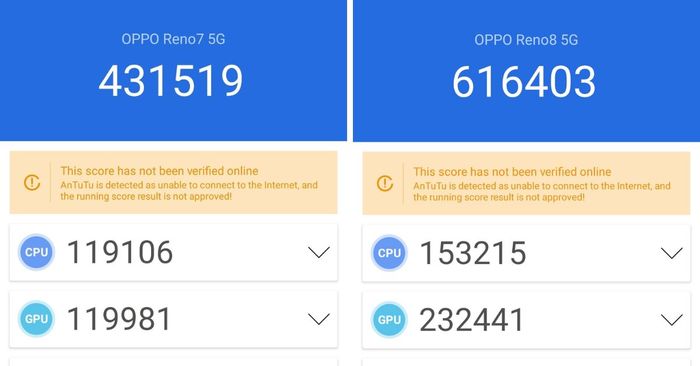 Diferencias de rendimiento OPPO Reno7 5G (izquierda) y OPPO Reno8 5G (derecha)