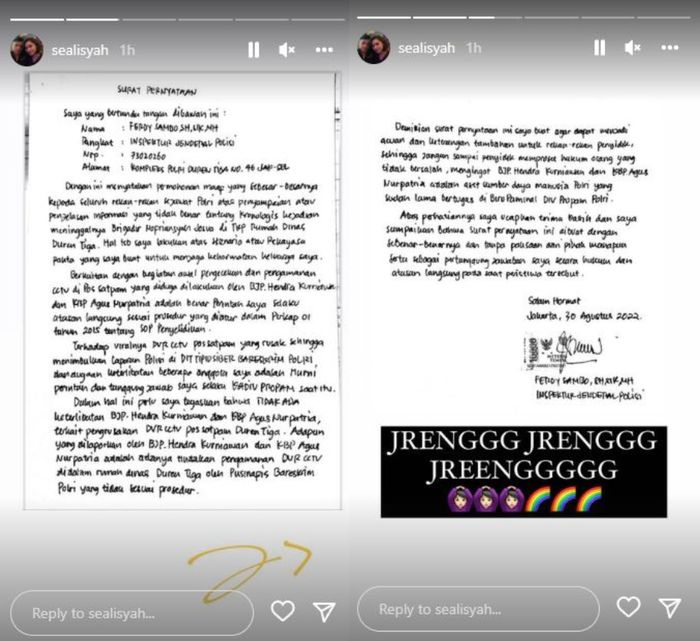 Surat pernyataan Ferdy Sambo yang diunggah istri Brigjen Hendra Kurniawan, Seali Syah