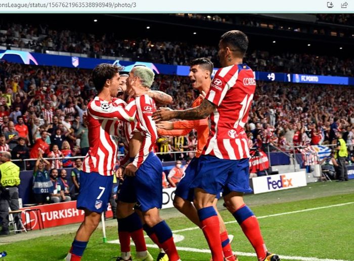 Para pemain Atletico Madrid merayakan gol yang dicetak oleh Antoine Griezmann dalam laga kontra FC Porto di pekan perdana Grup B Liga Champions 2022-2023, Kamis (8/9/2022).