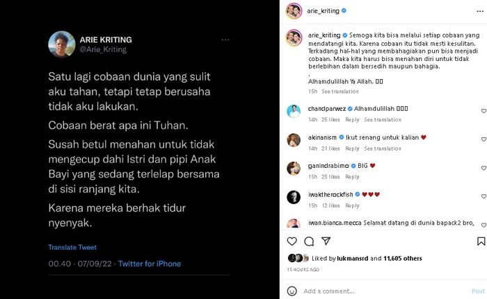 Unggahan Arie Kriting tentang cobaan hidup.