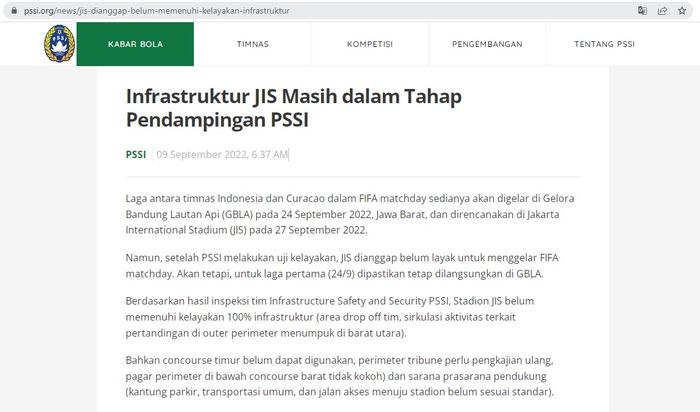 Perubahan judul tulisan di website PSSI.