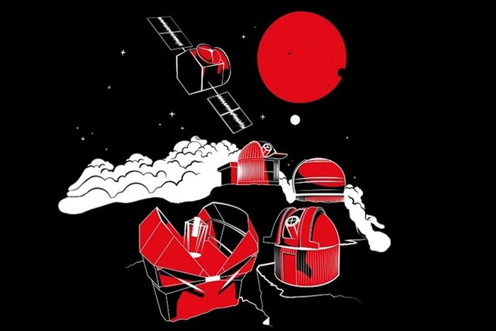 Ilustrasi yang menunjukkan bintang merah dan dua planetnya serta beberapa teleskop yang digunakan untuk penemuan tersebut.  Data yang mengarah pada penemuan itu dicitrakan pada panel surya satelit TESS.