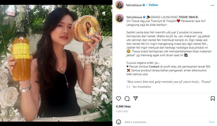 Felicia Tissue kini jadi pebisnis (Instagram/feliciatissue)