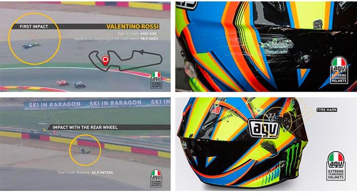 Analisis dari kecelakaan Valentino Rossi pada MotoGP Aragon. Tampak jejak ban pada sisi kanan helm yang dipakai The Doctor.
