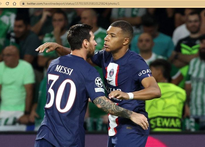 Lionel Messi merayakan gol yang dicetak Kylian Mbappe saat Paris Saint-Gemain bersua Maccabi Haifa di babak grup Liga Champions 2022-2023, Kamis (15/9/2022).
