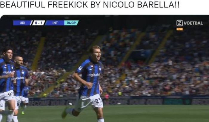 Gelandang Inter Milan, Nicolo Barella, merayakan gol ke gawang Udinese dalam laga Liga Italia di Stadion Dacia Arena, Minggu (18/9/2022).