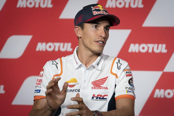 Pembalap Repsol Honda, Marc Marquez, berbicara pada konferensi pers jelang MotoGP Jepang 2022, Kamis (22/9/2022).