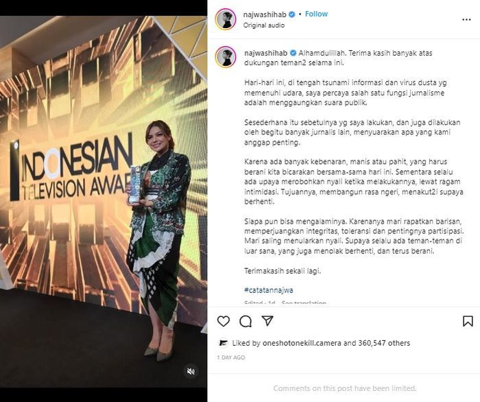 Unggahan Instagram Najwa Shihab.