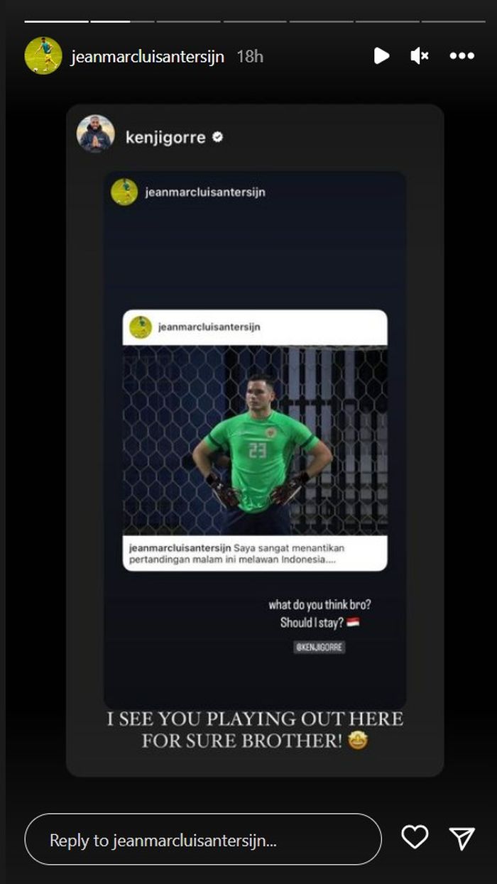 Tangkapan layar dari instagram story Kiper timnas Curacao, Jean Marc Antersijn