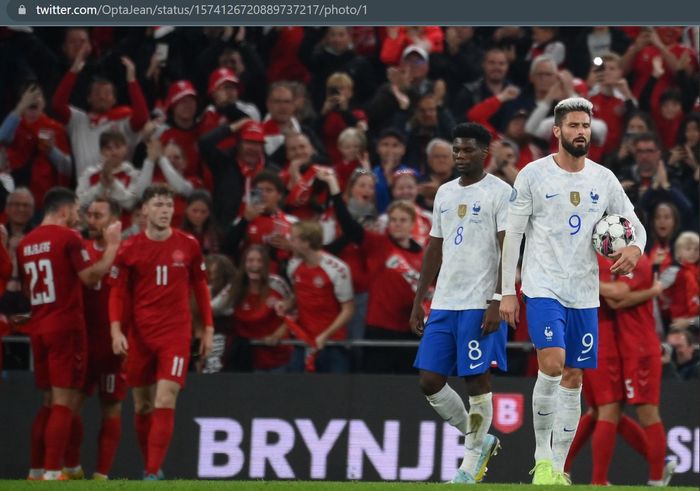 Timnas Prancis kalah 0-2 dari timnas Denmark pada laga terakhir Liga A Grup 1 UEFA Nations League 2022-2023.