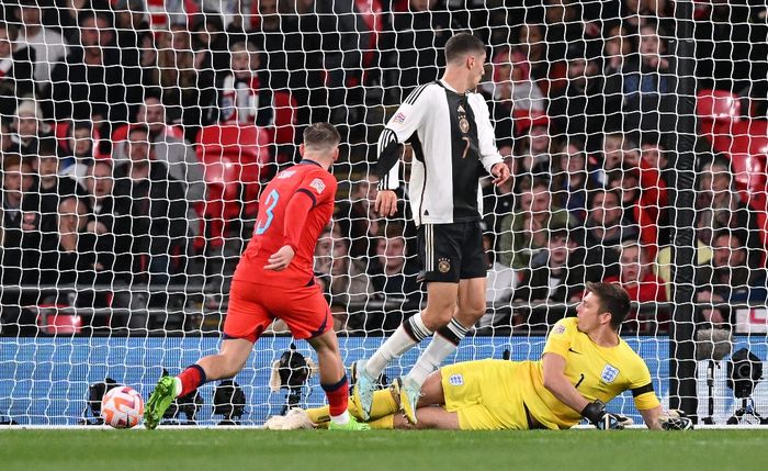 Momen Kai Havertz saat mencetak gol dalam laga Inggris kontra Jerman di UEFA Nations League, Selasa (27/9/2022).