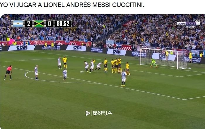 Gol freekick Lionel Messi ke gawang Jamaikan dalam laga uji coba, Rabu (28/9/2022).