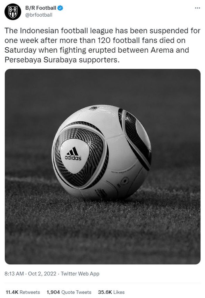 Kicauan media Amerika Serikat, Bleacher Report, terkait tragedi Kanjuruhan seusai laga Liga 1, Arema FC vs Persebaya, di Stadion Kanjuruhan, Malang, Sabtu (1/10/2022).