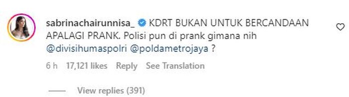 Sabrina Chairunnisa ngamuk lihat konten prank KDRT Baim Wong