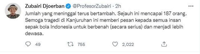 Prof Zubairi Djoerban melalui sosial media Twitter @ProfesorZubairi pada pukul 10.30 WIB tadi membagikan jumlah korban tragedi Kanjuruhan,