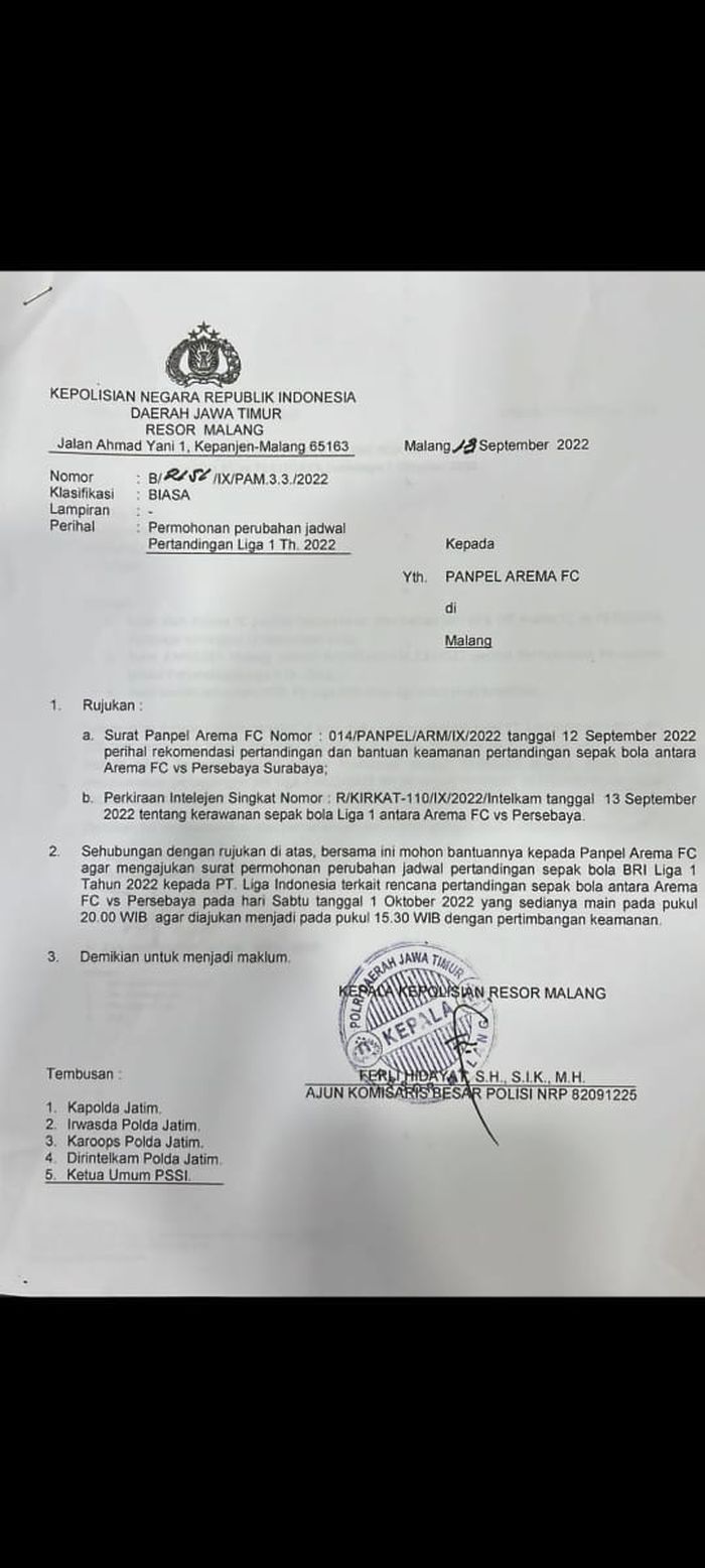 Surat dari Kepolisian Jawa Timur yang meminta Panpel Arema FC mengirimkan surat ke PT LIB untuk perubahan jam kick off menjadi 15.30 WIB
