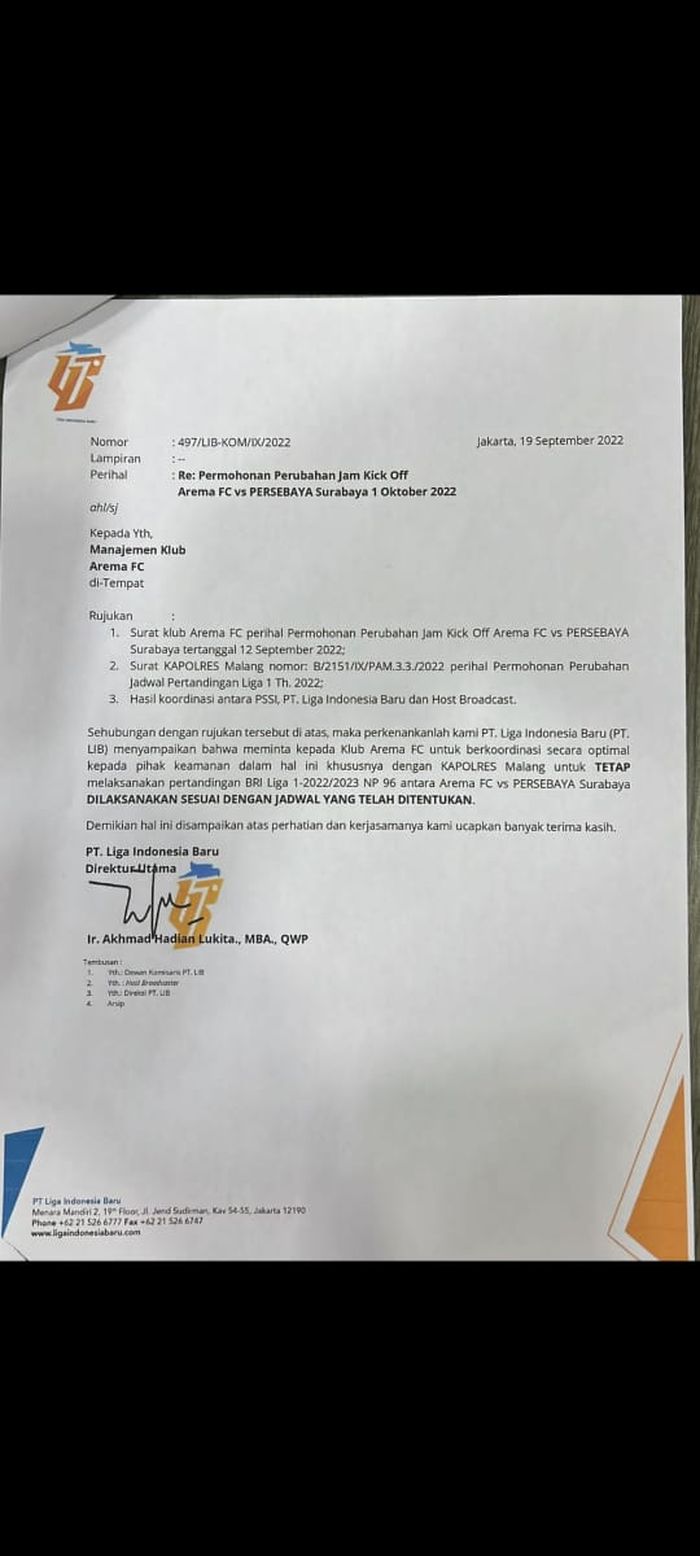 Surat dari PT LIB ke Panpel Arema FC yang menolak perubahan jam kick off pertandingan menjadi 15.30 WIB  