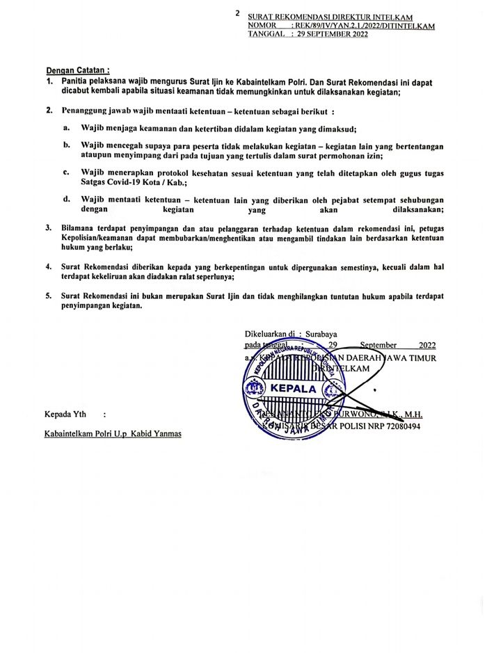 Surat izin keramaian dari Kepolisian Jawa Timur dan meminta Ketua Panpel Arema FC Abdul Haris bertanggung jawab jika ada kerusuhan