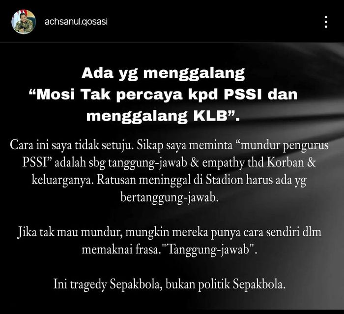 Tangkapan layar postingan instagram Presiden Madura United, Achsanul Qosasi