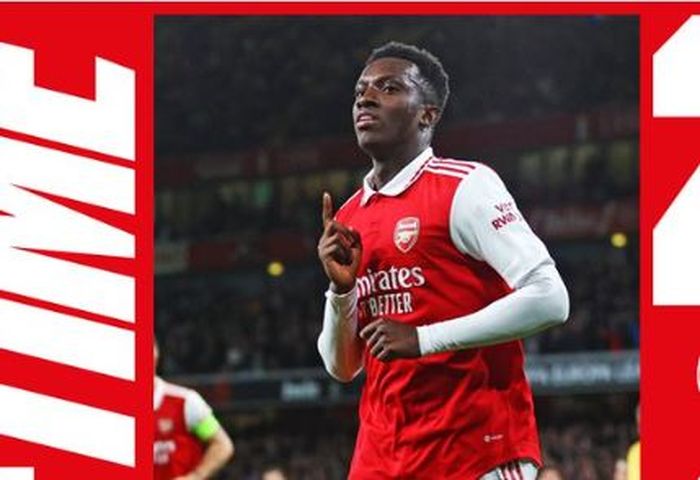 Striker Arsenal, Eddie Nketiah, merayakan gol ke gawang Bodo/Glimt dalam laga Grup A Liga Europa di Stadion Emirates, Kamis (6/10/2022).