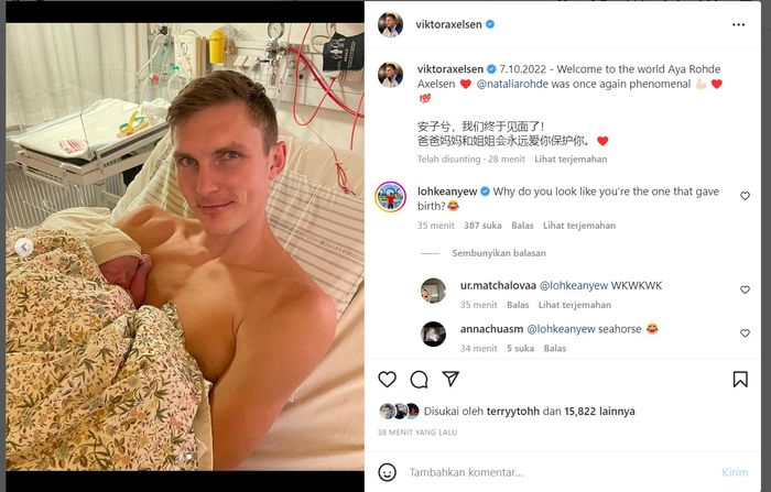 komentar nyeleneh Loh Kean Yew di unggahan Viktor Axelsen soal kelahiran putrinya