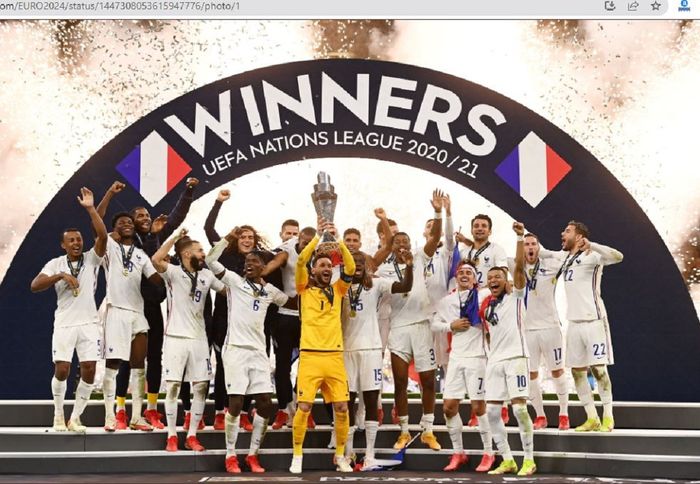 Selebrasi timnas Prancis saat menjuarai UEFA Nations League 2020-2021 setelah mengalahkan timnas Spanyol di partai final, Minggu (10/10/2022).