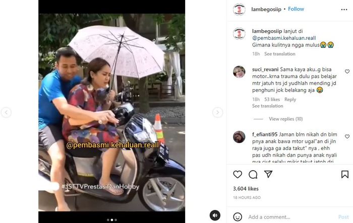 Aksi Nagita Slavina bawa payung sambil belajar nyetir motor bikin ngakak