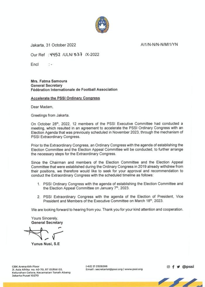 PSSI resmi mengirimkan surat ke FIFA tentang pemberitahuan percepatan pelaksanaan Kongres Luar Biasa (KLB) pada Senin (31/10/2022).
