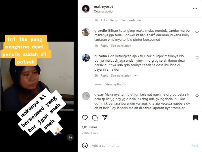 Ibu-ibu fans fanatik Leslar yang sempat hina Dewi Perssik kini memelas berada di Polsek (Instagram/mak_nyocot)