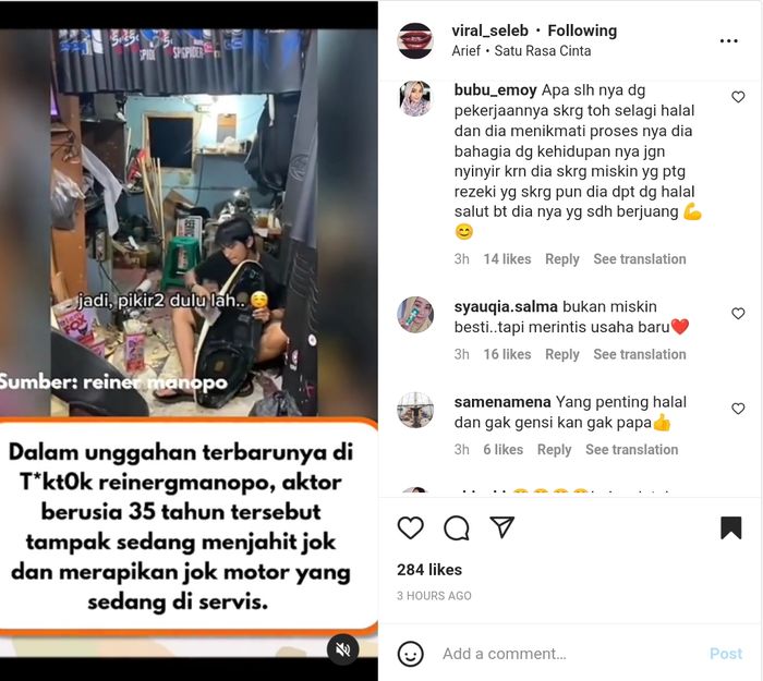 Reiner Manopo kini jadi tukang service jok motor