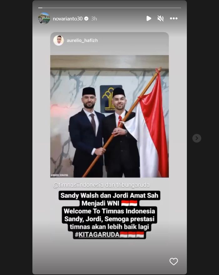 Tangkapan layar dari laman Instagram asisten pelatih timnas Indonesia, Nova Arianto, saat menyambut Sandy Walsh dan Jordi Amat menjadi bagian timnas Indonesia.