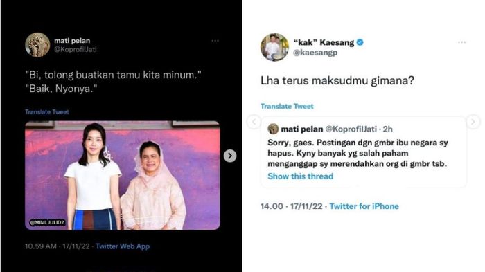 Balasan Kaesang Pangarep terhadap cuitan akun Twitter @KoprofilJati yang olok-olok Iriana Jokowi