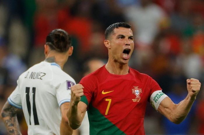 Ekspresi Cristiano Ronaldo usai menjebol gawang Urguay pada penyisihan grup Piala Dunia 2022.