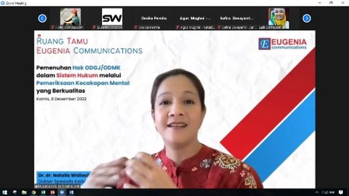 Dr. dr. Natalia Widiasih, SpKJ(K), MPd.Ked, Kepala Divisi Psikiatri Forensik Dept.Psikiatri FKUI-RSCM dalam virtual media briefing &quot;Pemenuhan Hak ODGJ/ODMK dalam Sistem Hukum melalui Pemeriksaan Kecakapan Mental yang Berkualitas&rdquo; (08/12/2022).