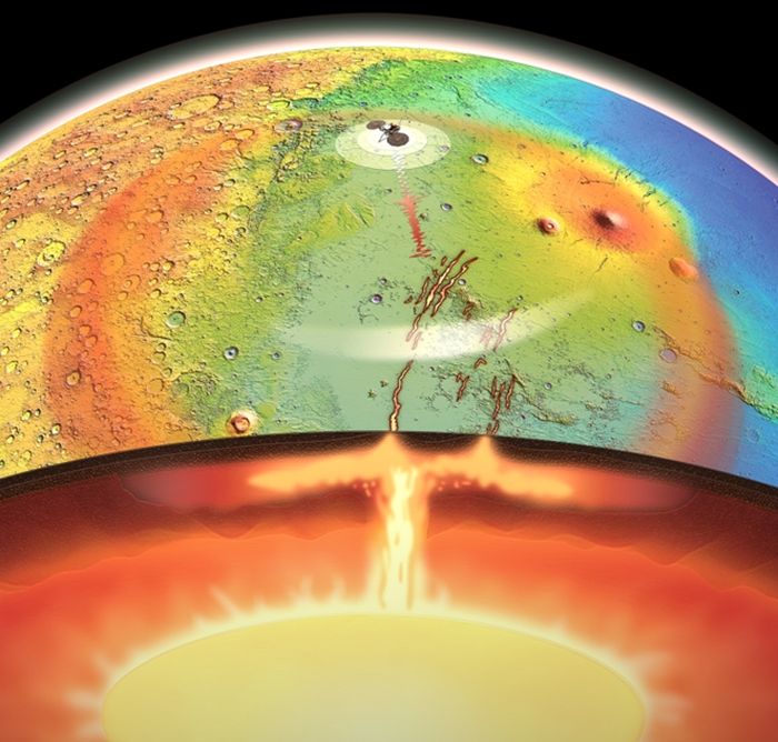 Ilustrasi gumpalan mantel aktif – bongkahan besar batu apung yang panas – muncul dari dalam Mars dan mendorong melintasi Elysium Planitia, dataran rendah di dataran rendah utara planet.