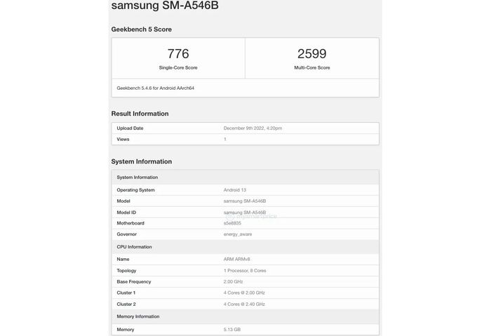 Sertifikasi Geekbench Samsung Galaxy A54 5G
