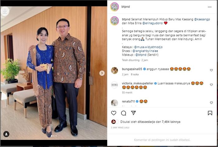 Puput Nastiti Devi dan Ahok hadiri pernikahan Kaesang Pangarep dan Erina Gudono. (Instagram @btpnd)