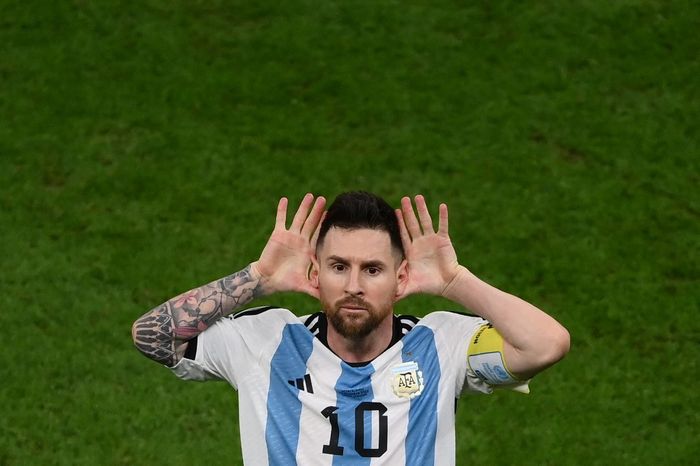 Reaksi Lionel Messi dalam duel perempat final Piala Dunia 2022 antara timnas Argentina vs Belanda di Lusail Stadium (9/12/2022).