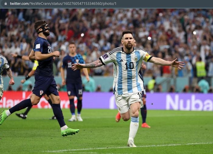 Selebrasi Lionel Messi setelah mencetak gol ke gawang timnas Kroasia pada laga semifinal Piala Dunia 2022.