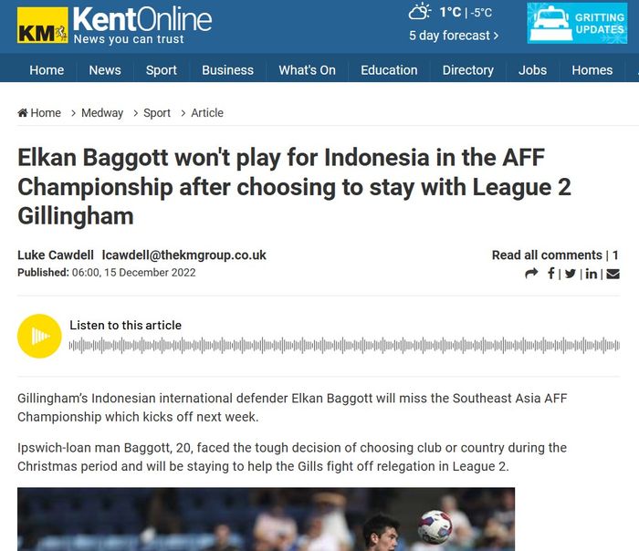 Media lokal Inggris, Kent Online, menyebutkan jika Elkan Baggott akan melewatkan Piala AFF 2022.