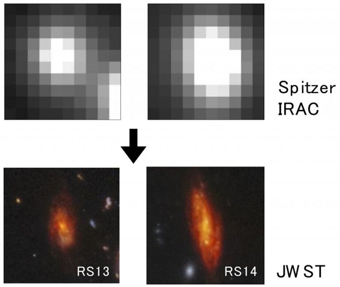 Dalam peningkatan signifikan dibandingkan gambar IRAC sebelumnya (atas), resolusi topologi JWST yang belum pernah terjadi sebelumnya dan sensitivitas IR yang tinggi mengungkap detail morfologi galaksi spiral merah (bawah) RS13 dan RS14.  Ini memfasilitasi analisis terperinci yang mengungkapkan fitur galaksi spiral merah yang sebelumnya tidak diketahui dari alam semesta awal.