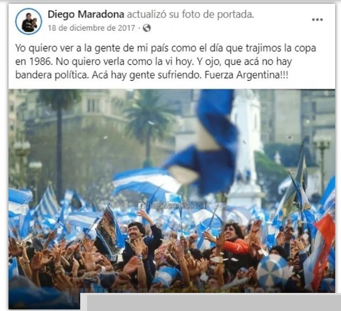 Unggahan lama di akun Facebook Diego Maradona yang berharap warga Argentina menggelar pawai trofi seperti saat menjuarai Piala Dunia 1986.